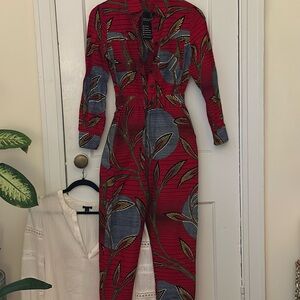 OFUURE Red & Blue Button-Front Jumpsuit with Leaf Print